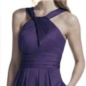 Davids Bridal Halter Y Neckline Ruched Waist 83690 Midi Length Bridesmaid Dress